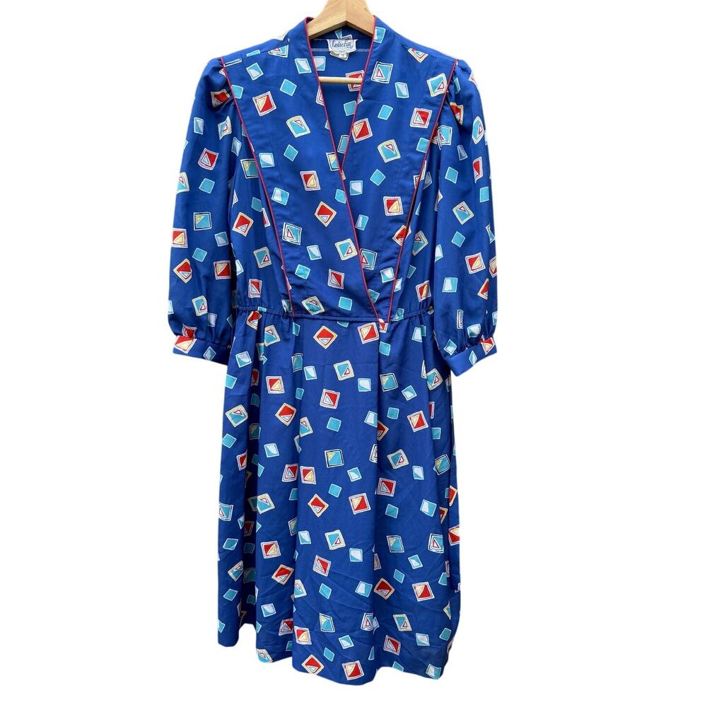 Vintage Blue Geometric Long Sleeve Dress Leslie Fay Women's 12